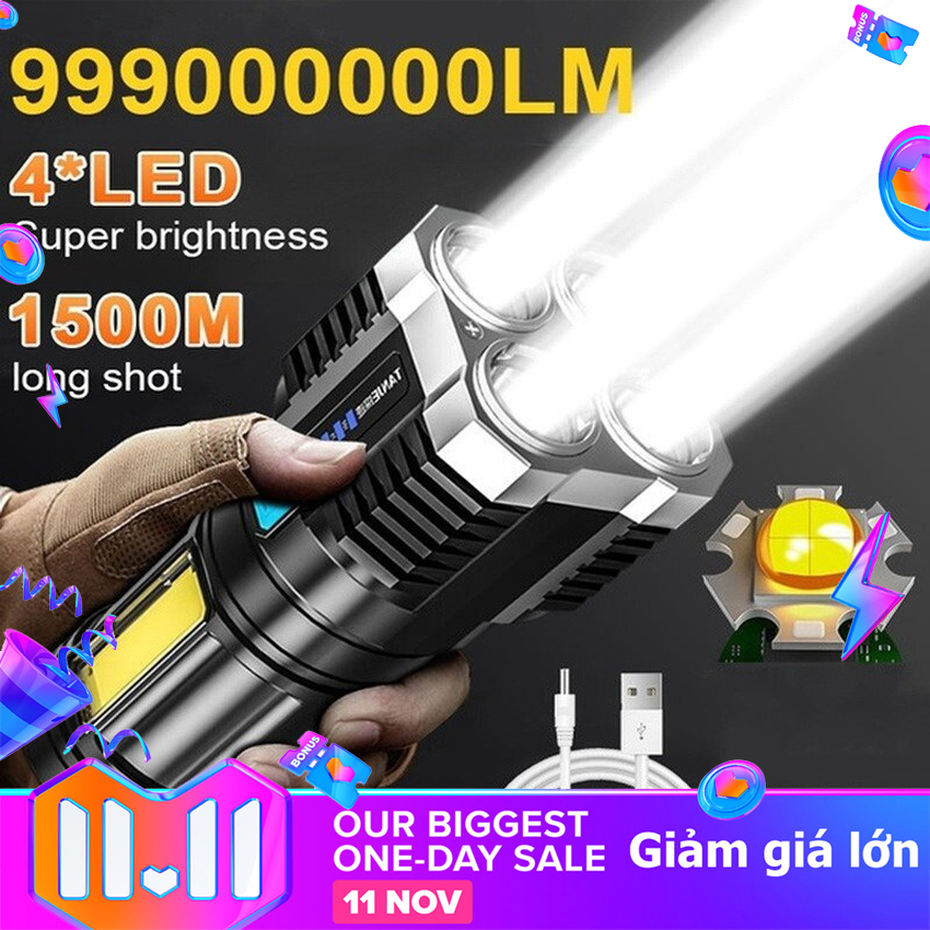 4 LED Đèn pin siêu sáng có thể sạc lại Ngoài trời đa chức năng Đèn LED chống nước tầm xa Đèn chiếu sáng chiếu xa Đèn pin COB