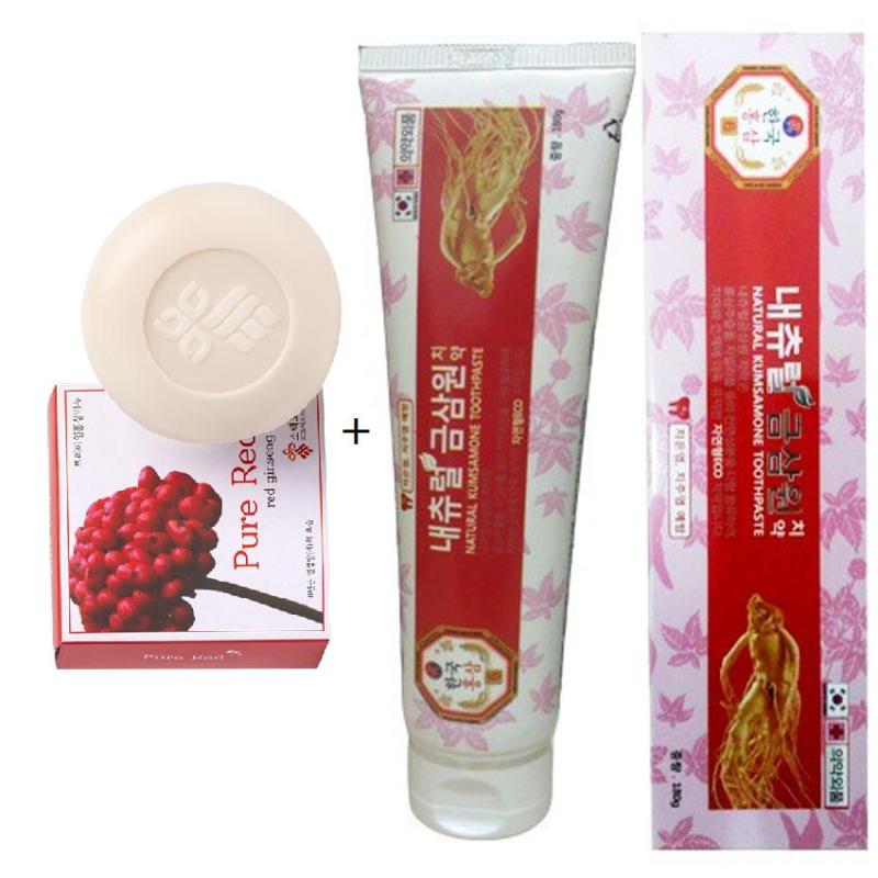 Combo 02 sản phẩm kem đánh răng hồng sâm và xà bông cục hồng sâm Korea cao cấp