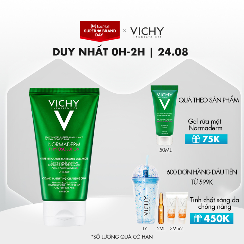 [Chỉ 24/8 - 5000 quà độc quyền] Sữa Rửa Mặt Tạo Bọt Làm Sạch Sâu Kiểm Soát Dầu Vichy Normaderm Phytosolution Volcanic Mattifying Cleansing Cream 125ml giá rẻ