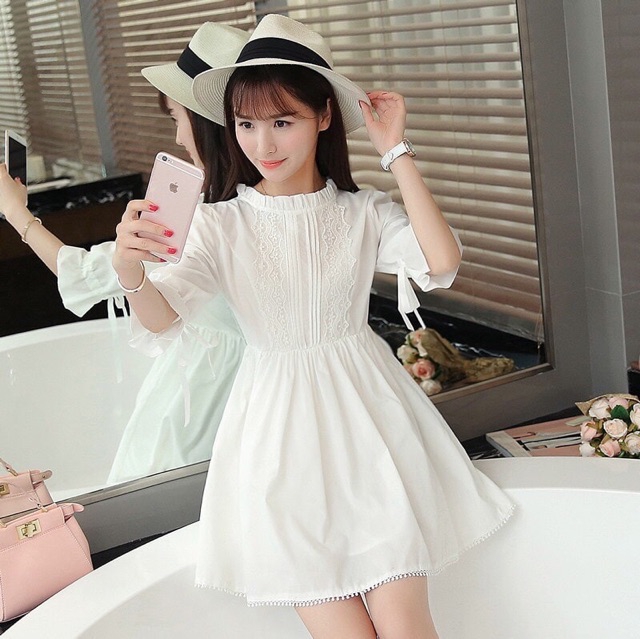 ĐẦM TRẮNG TAY NƠ MS12 (có ảnh thật)