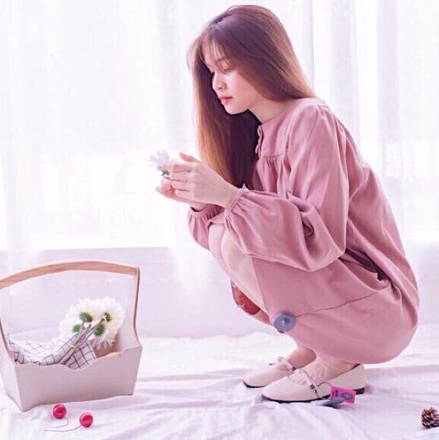 [HCM]Đầm suông hồng tay dài nút bọc (kèm hình thật)