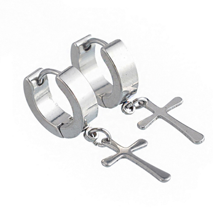 [Hoàn tiền 6%]Bông tai nam inox kiểu khoen tròn tòn ten phụ kiện hình thánh giá trangsucpt màu trắng thép không gỉ PTBTNA152