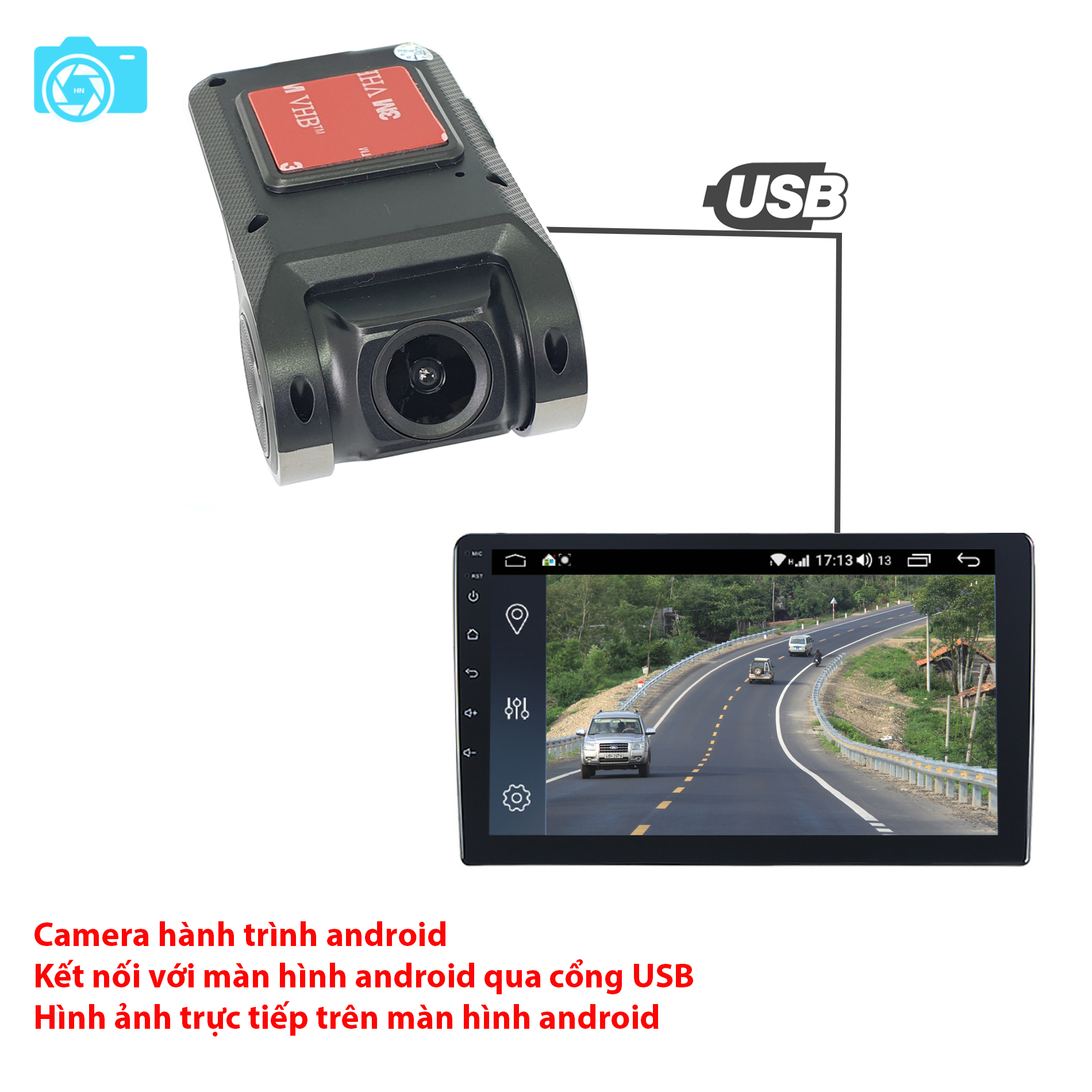 Camera hành trình tích hợp màn hình android, độ phân giải HD 1280x720, kết nối với màn hình bằng cổng USB, F8