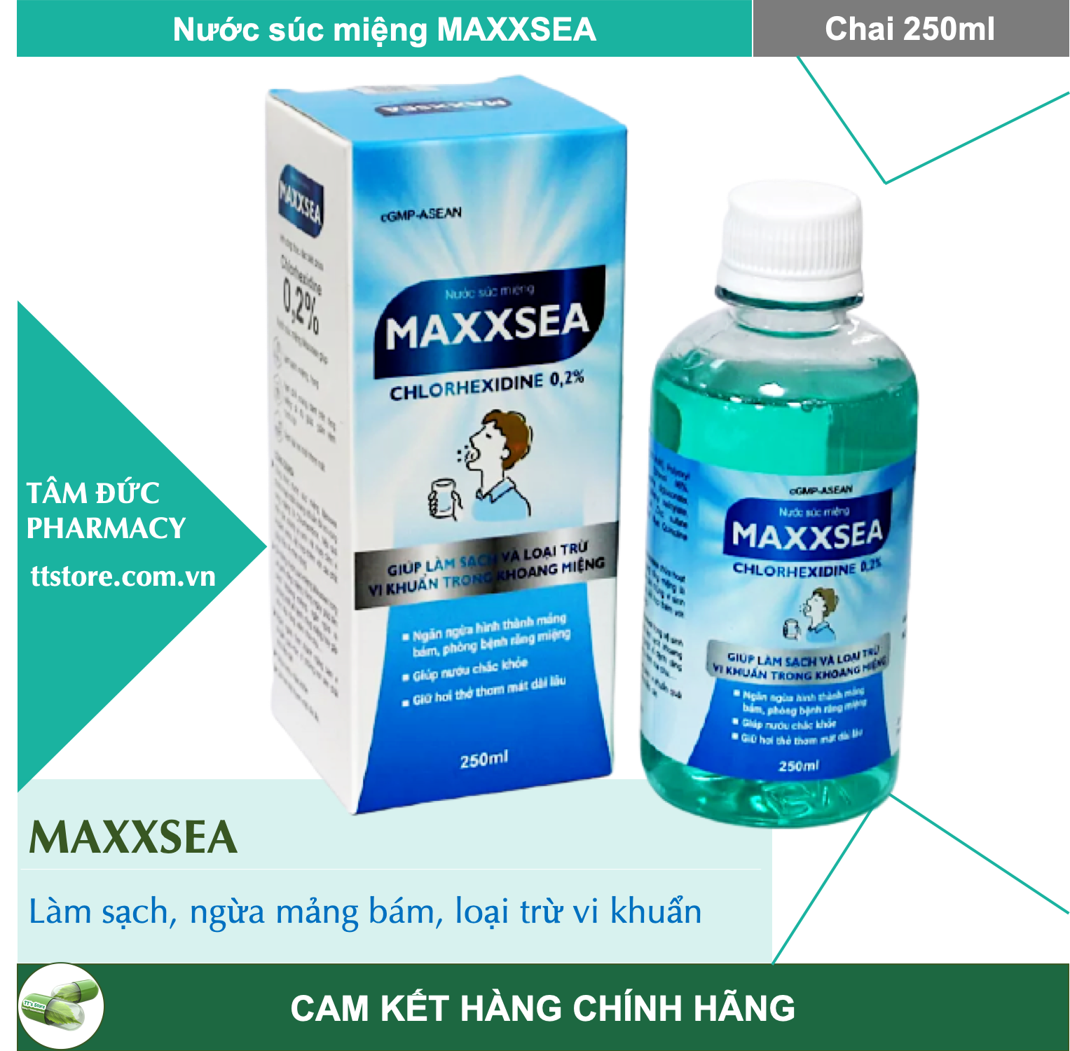 Nước súc miệng MAXXSEA [Chai 250ml] - Chứa Chlorhexidine kháng khuẩn, làm sạch khoang miệng [Medoral / maxsea]