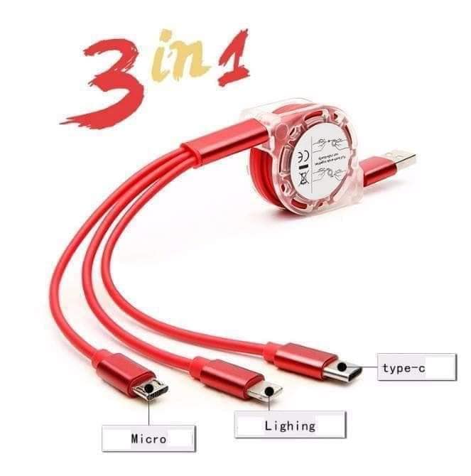 Cáp sạc điện thoại 3 đầu đa năng dây rút dài 1m, dây sạc rút đa năng 3 đầu, dây sạc rút
