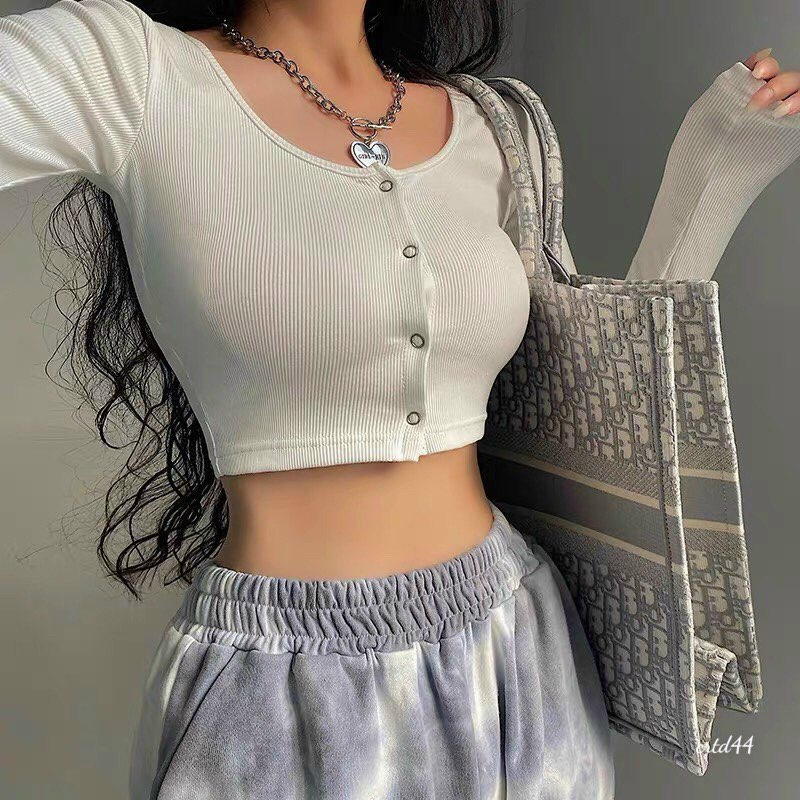 Áo croptop thun gân cúc bấm tay dài