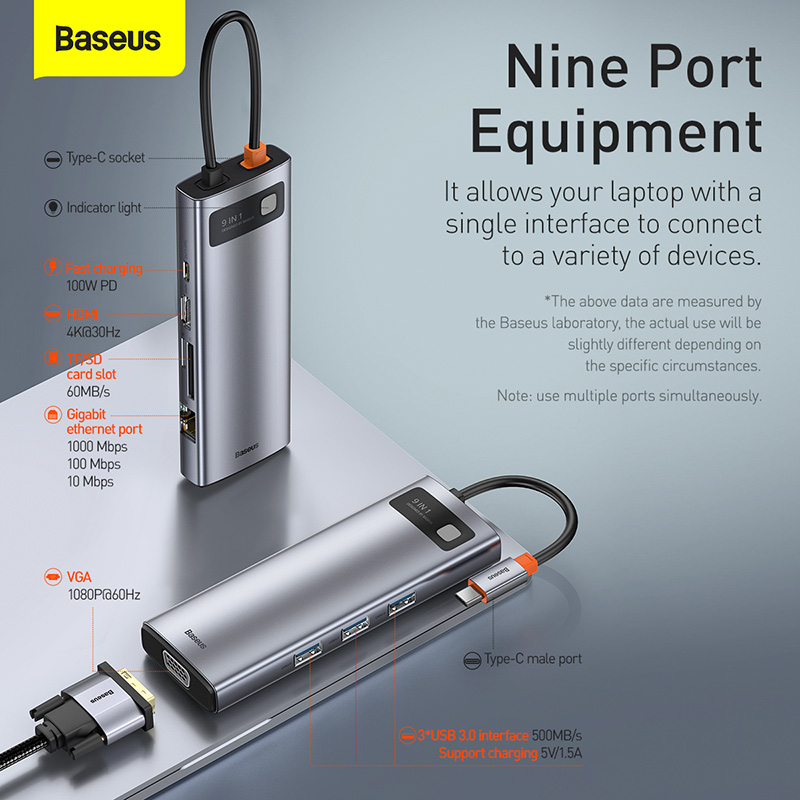 NEW丨 Baseus USB C HUB to HDMI tương thích với VGA Bộ chuyển đổi USB 3.0 9/11 trong 1 Đế cắm USB Type C HUB cho MacBook Pro Air PD RJ45 SD Card Reader