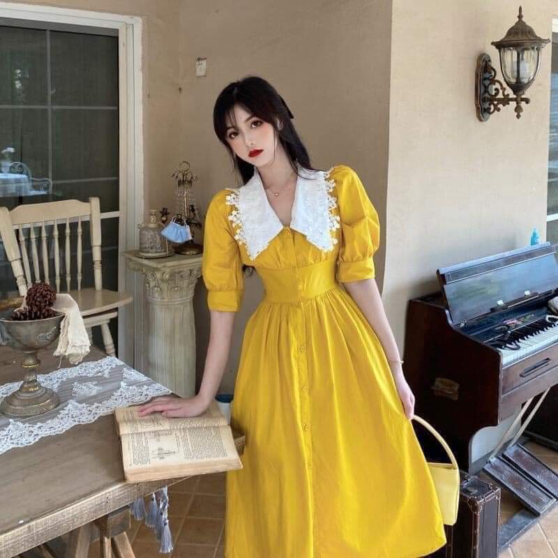 Đầm Vintage Voan Vàng Cổ Màu Trắng Phối Ren Cổ Điển Hot Trend Dịu Dàng TTSA0627