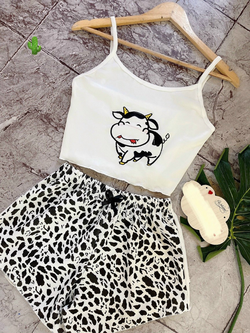 [Freeship] set đồ bộ bò sữa áo dây thun borip co dãn thoải mái