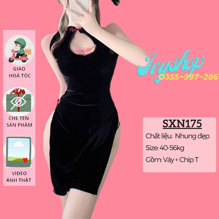Bộ Đồ Ngủ Cosplay Cô Gái Thượng Hải. Váy Ngủ Sườn Xám Nhung Cao Cấp Hờ Lưng - Sexy Sleepwear Code: SXN1750