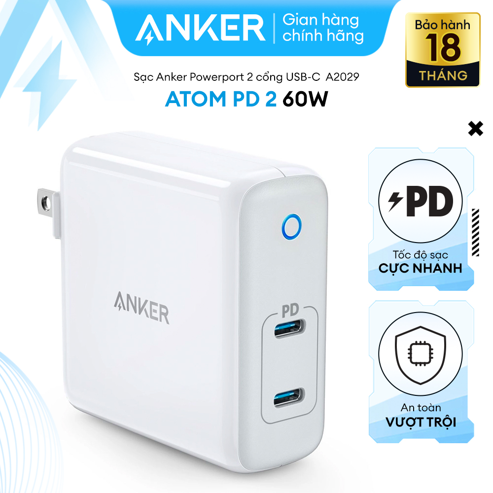Sạc ANKER PowerPort Atom PD 2 GaN Tech 60W 2 cổng PD - A2029