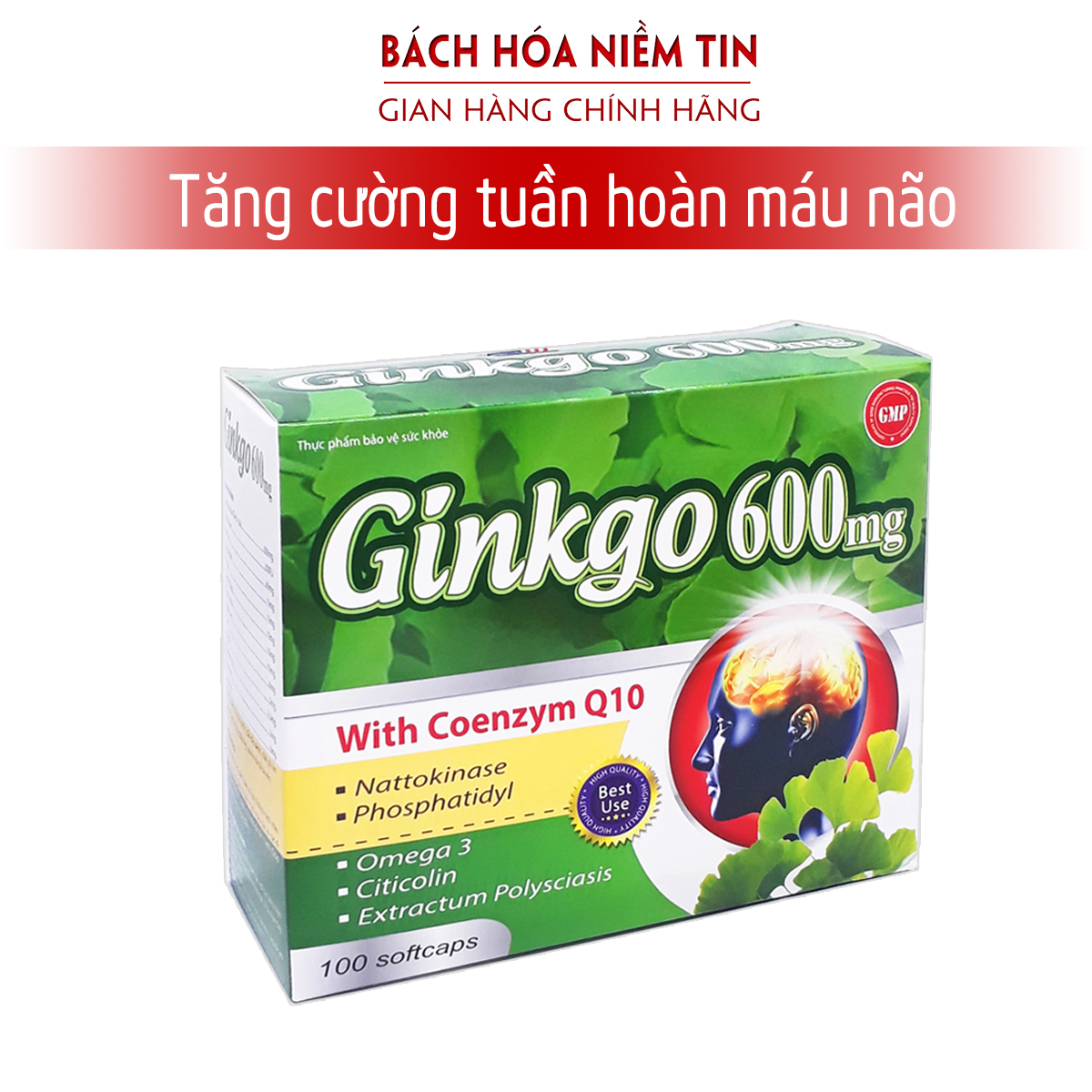 Viên uống Hoạt huyết, bổ não GINKGO 600mg - Tăng cường tuần hoàn não, giảm nguy cơ di chứng sau tai biến mạch máu não - Hộp 100 viên chuẩn GMP Bộ Y tế