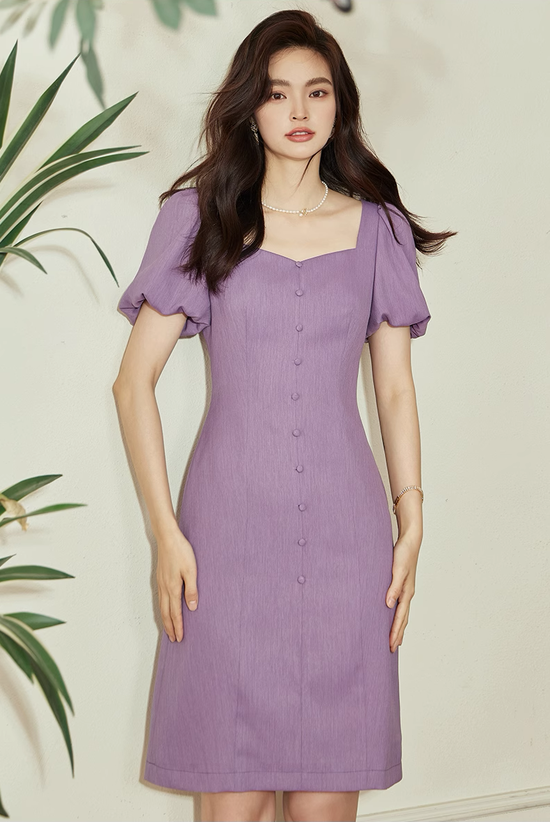 V-neck plain purple dress Puff button short sleeve