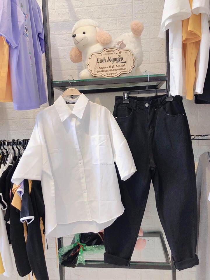 SET BAGGY JEANS ĐEN + SƠ MI TAY LỠ