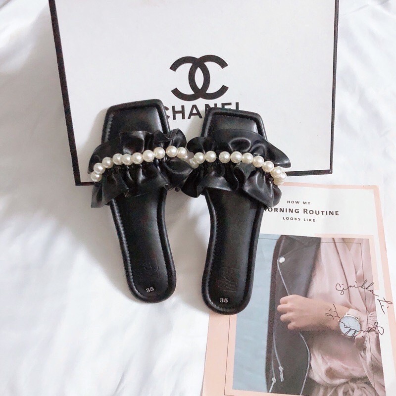 Dép nữ quai ngang bèo nhún nhúm đính ngọc châu đẹp hot trend nữ tính mùa hè đi chơi đi biển đẹp rẻ