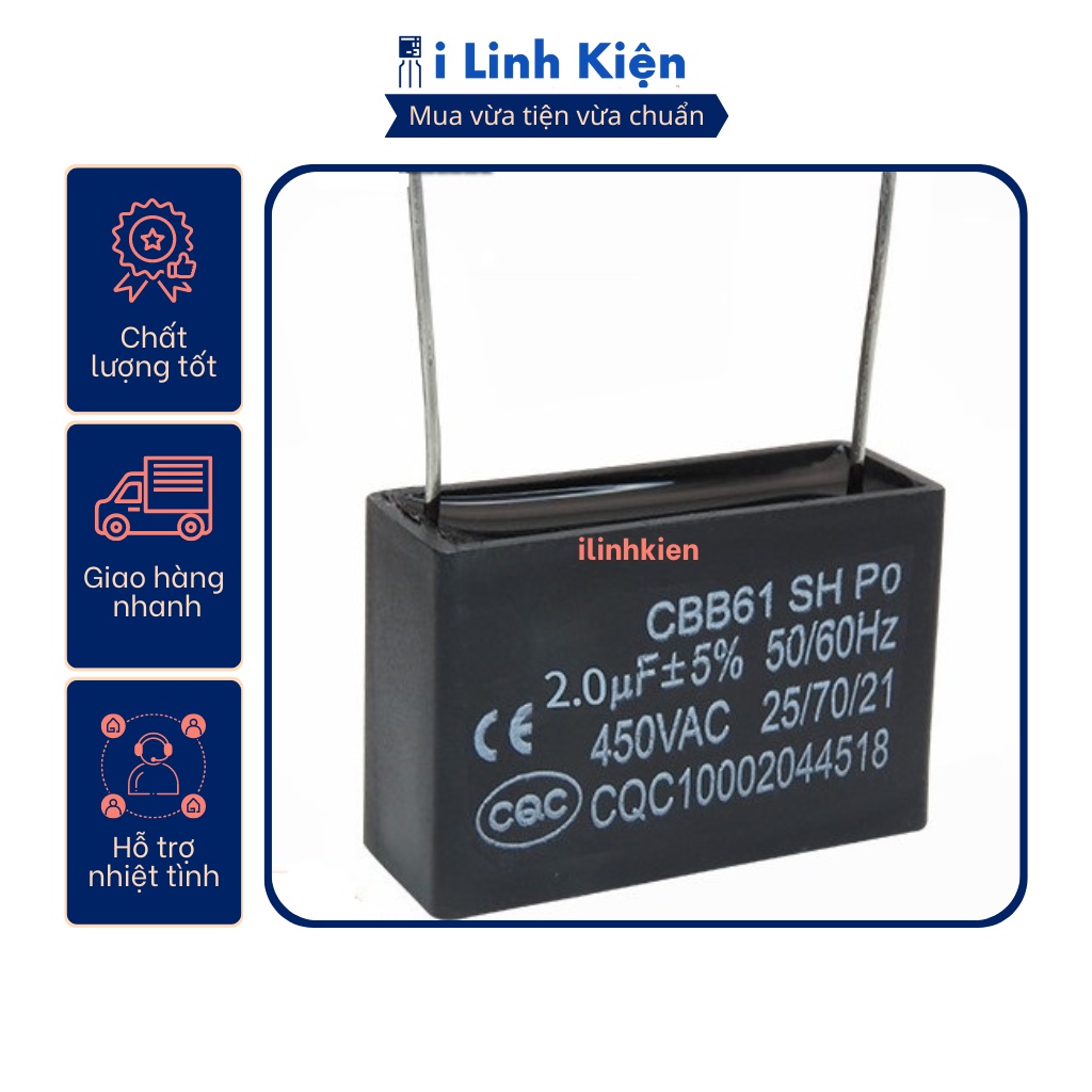 Tụ quạt 2uf 450vac chân hàn mạch pcb cbb61