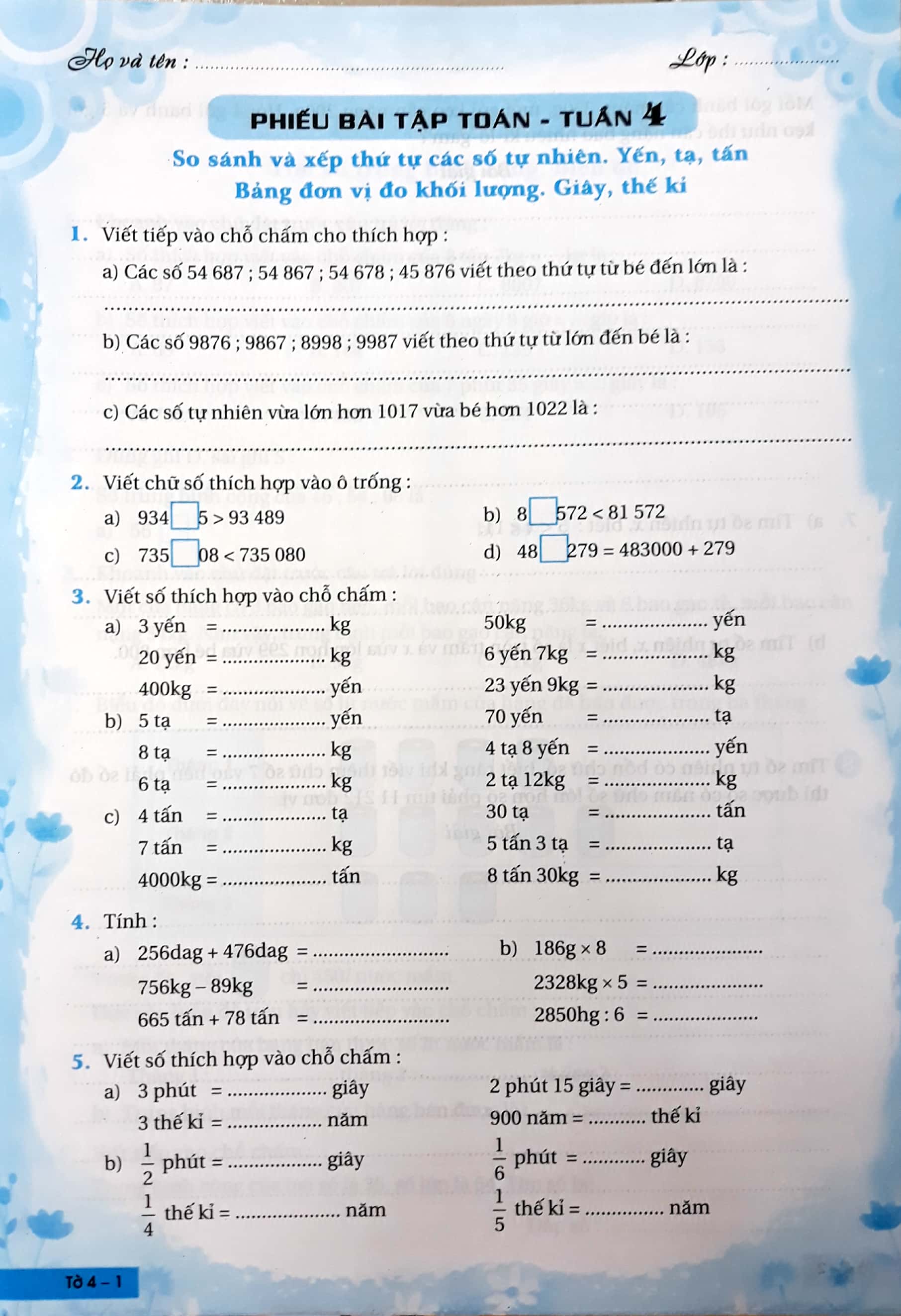 Phiếu bài tập cuối tuần môn Toán lớp 2
