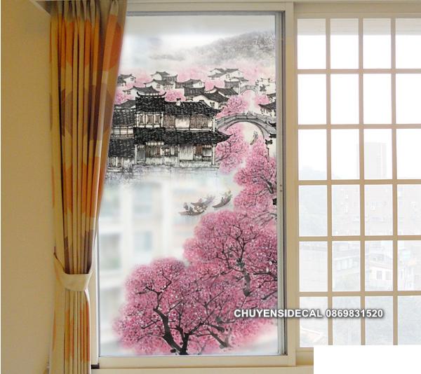 [HCM]Decal Dán Kính Cao Cấp - Phong Cảnh Hữu Tình Hoa Đào Hồng ( 60x116cm )-DK1097