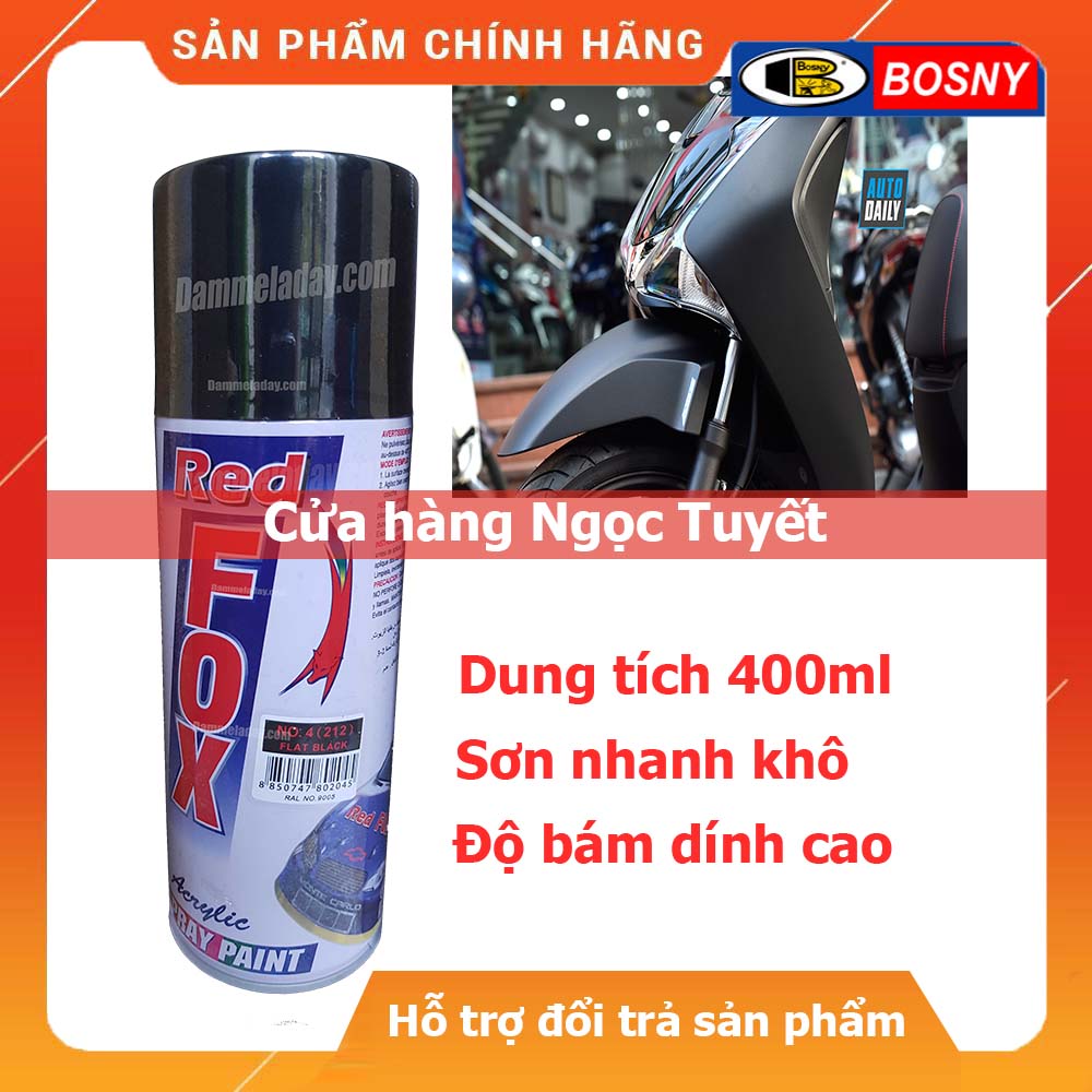 Sơn xịt đen mờ, đen nhám (212)  Redfox, Sơn ô tô, xe máy dung tích 400ml - Nhập khẩu Thái Lan
