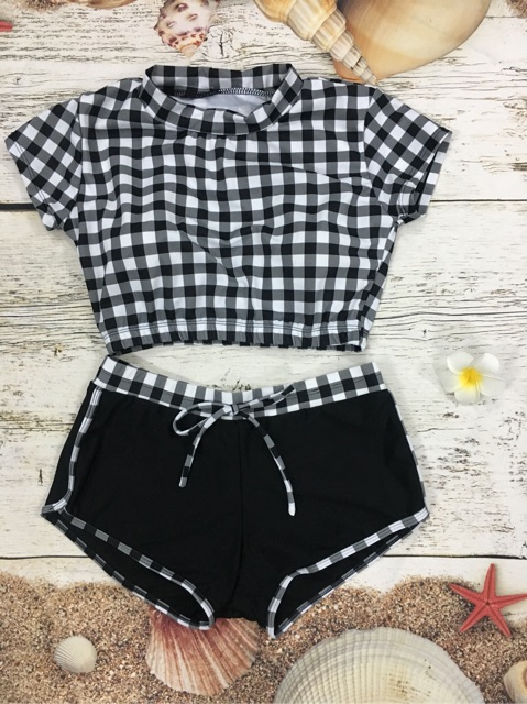 [HCM]Đồ bơi bikini cặp thun lạnh caro nữ tay ngắn