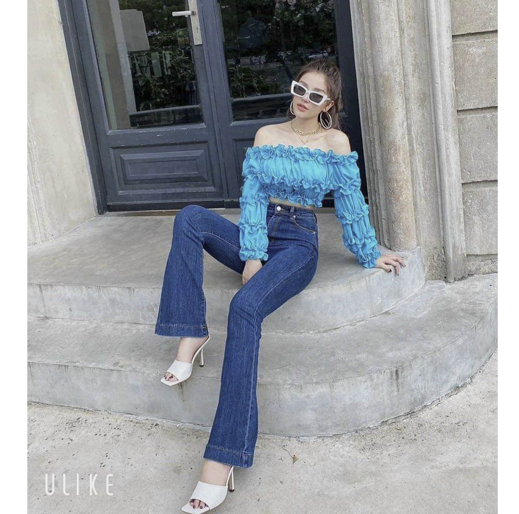 Quần jean nữ ống loe bass cao cấp chất bò xanh thêu co dãn mạnh lưng cao 2 nút nâng mông phong cách thời trang thuydieushop97 k105