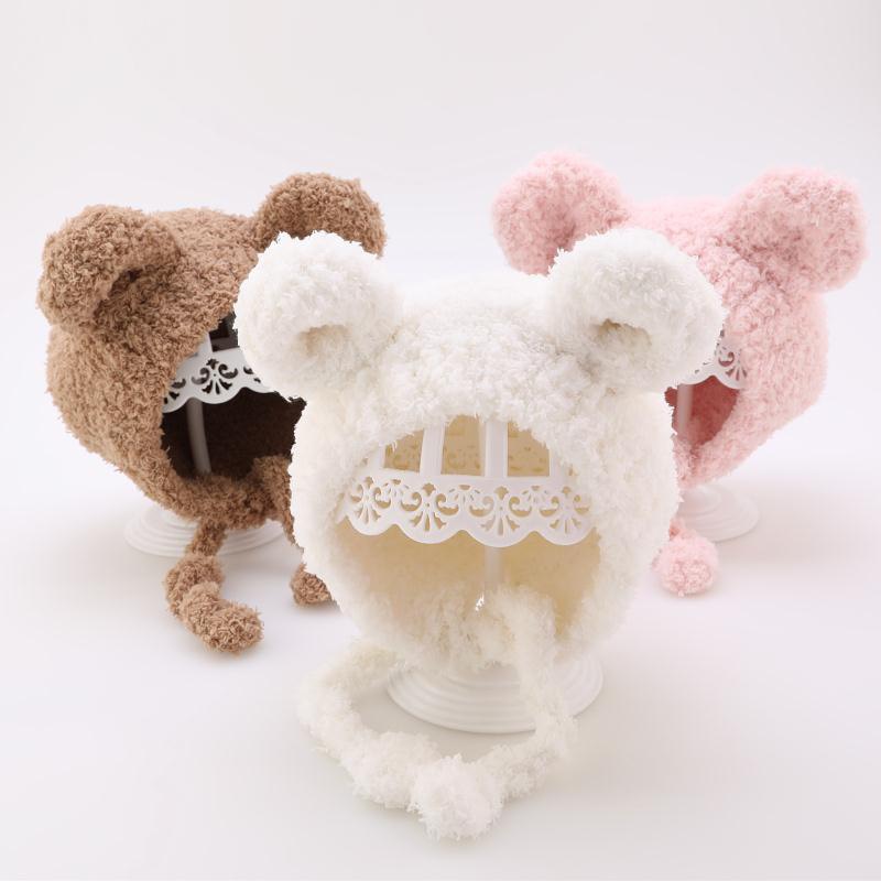 Mũ len tai gấu buộc dây dày mềm ấm áp cho bé