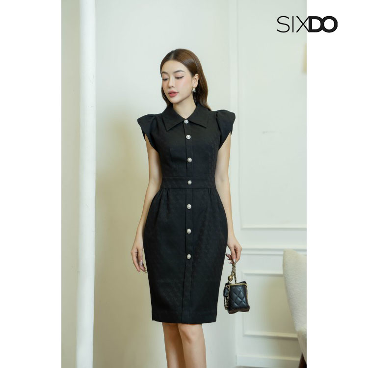Đầm đen cổ sơ mi tay hến SIXDO (Black Cap Sleeves Mini Raw Dress)