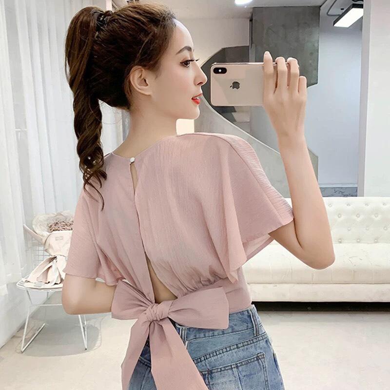 Áo kiểu von cổ v form croptop phối nơ eo sau lưng duyên dáng ttsl0057
