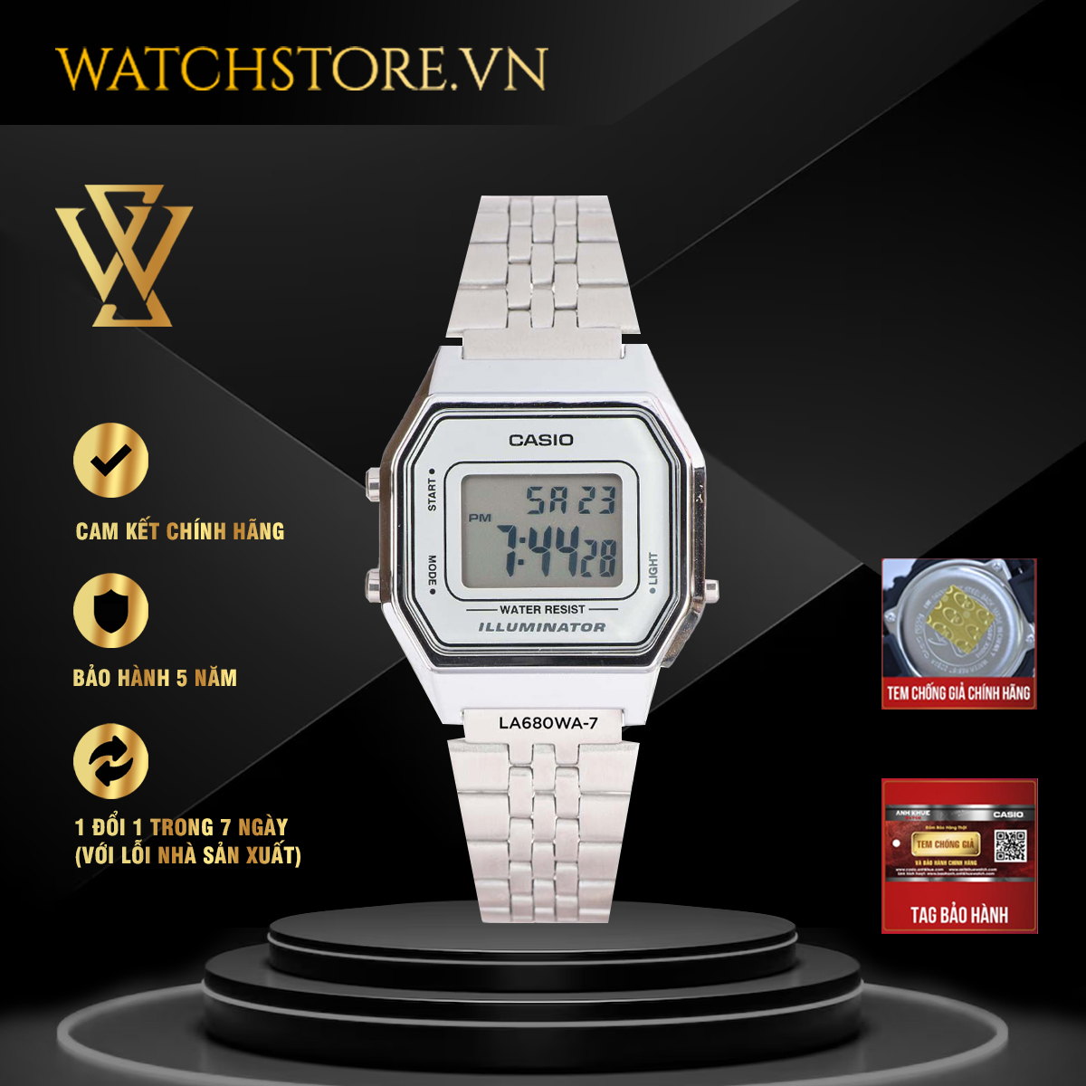 Đồng hồ điện tử nữ casio chính hãng watchstore la680wa-7df thiết kế mặt kính vuông 28,5mm, dây kim loại, vỏ mạ crom bền bỉ