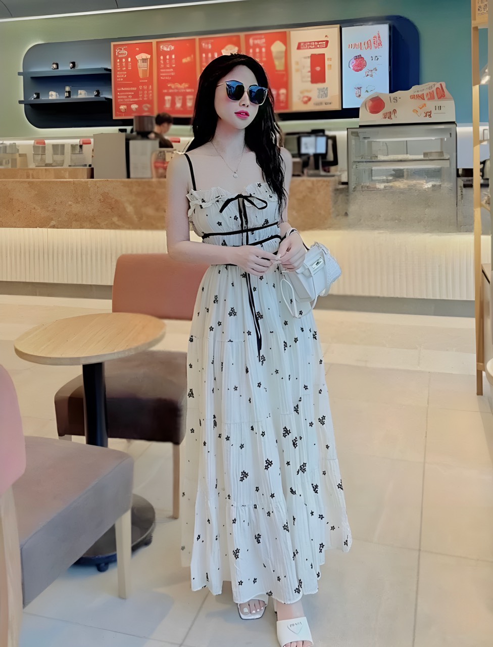 Đầm váy maxi xốp 2 dây trắng chấm hoa dịu dàng nàng thơ dạo phố by7174