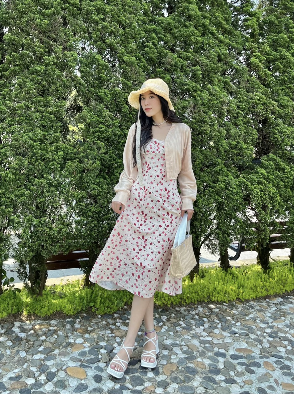 SET H40 ĐẦM 2S (có bigsize) HOA ĐỎ KÈM KHOÁC CROP NUDE