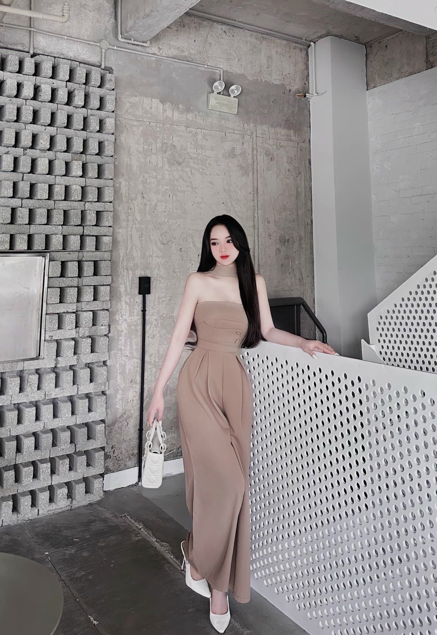 Jumpsuits nữ thời trang dự tiệc chất tuyết mưa thiết kế cúp ngực phối dây choàng cổ liền quần dài ống suông siêu tôn dáng