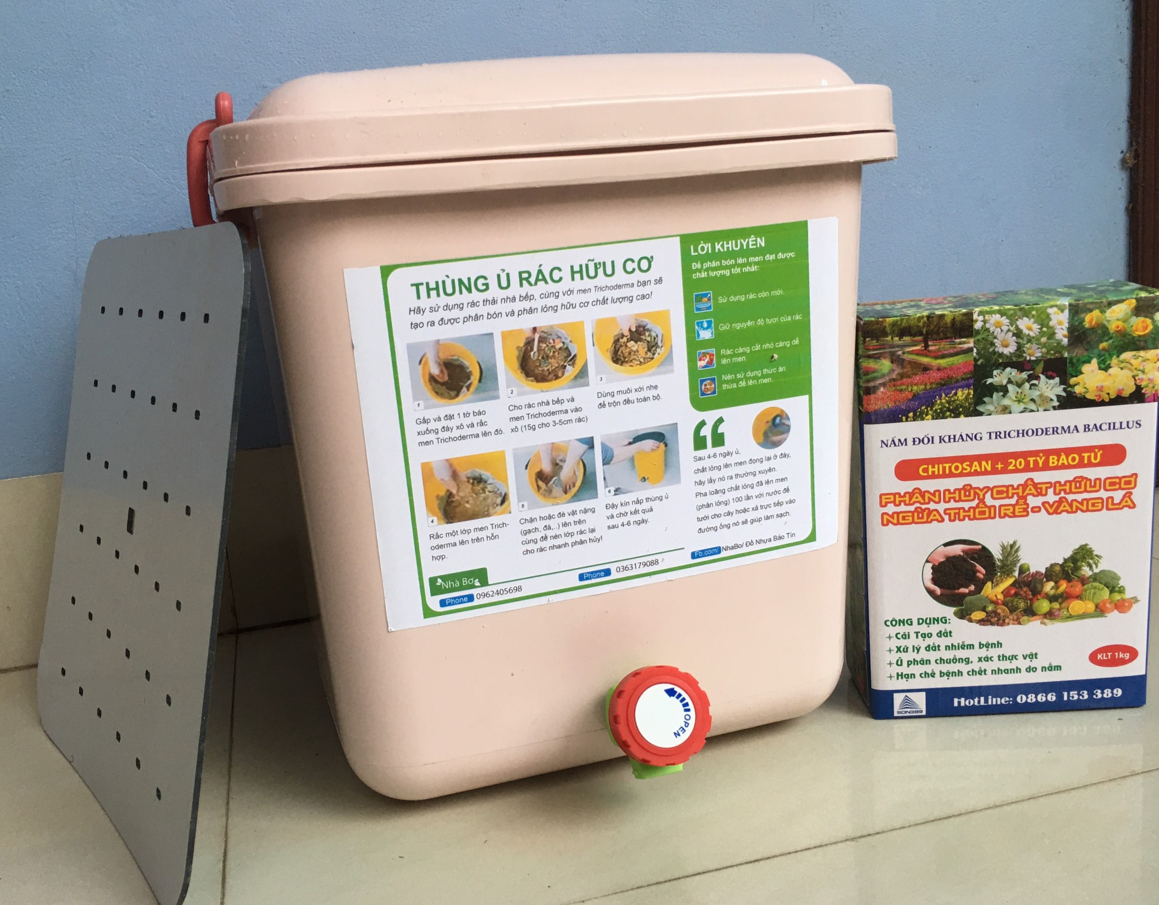 Combo 1 thùng ủ rác hữu cơ 12L+ 1kg men ủ Trichoderma