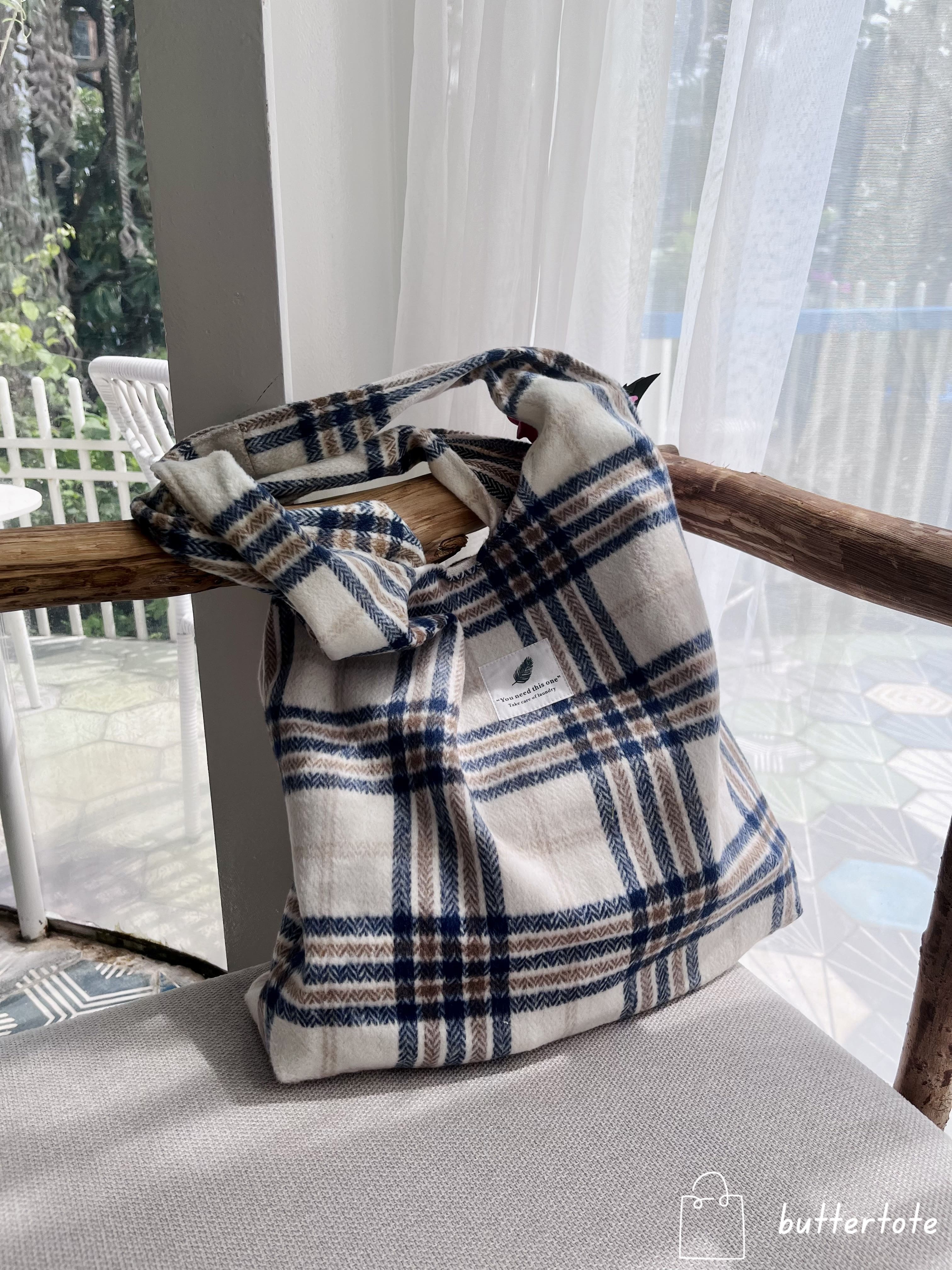 Túi tote vải nỉ mềm - caro xanh