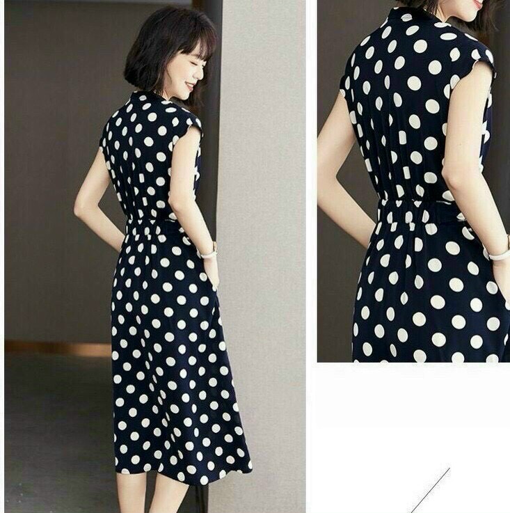 váy đầm sơ mi cổ trụ nền đen chấm bi trắng chất lụa mango cao cấp có size m,l,xl