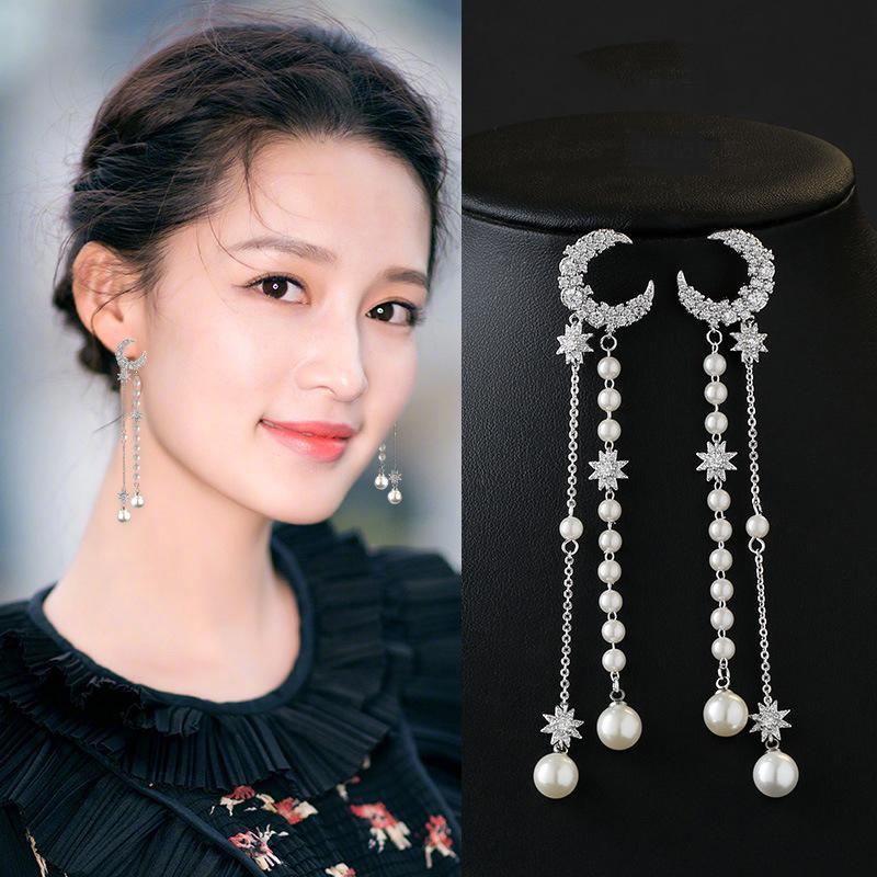 [HCM]Bông Tai Mặt Trăng Ngọc Trai Dài Tua Rua Sang Trọng Quí Phái BTMOONPEARLTUARUA05