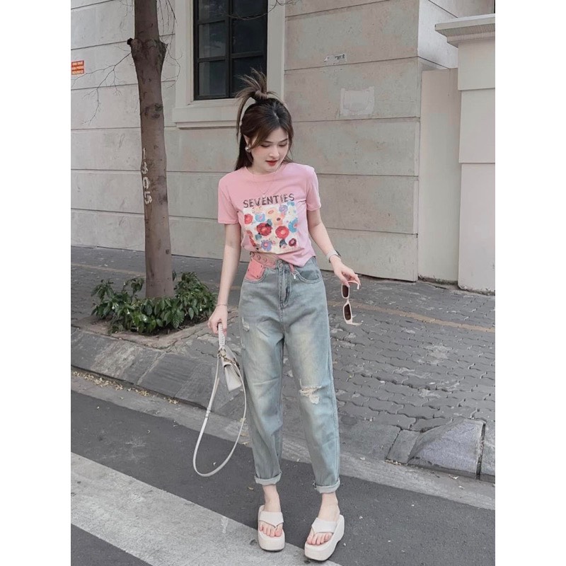 Quần jean quần bò kiểu baggy nữ, (one size là áo thun nữ) túi nổi, đai chéo , lưng cao 2 nút, thời trang mới pinky79shop j21