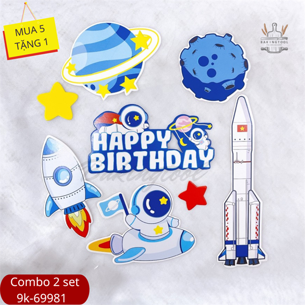 Đồ trang trí bánh kem Set que giấy HPBD tên lửa em bé phi hành gia (combo 2) (set)