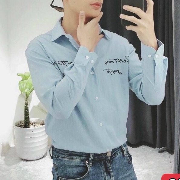 Áo sơ mi nam tay dài form rộng họa tiết thêu man a1113