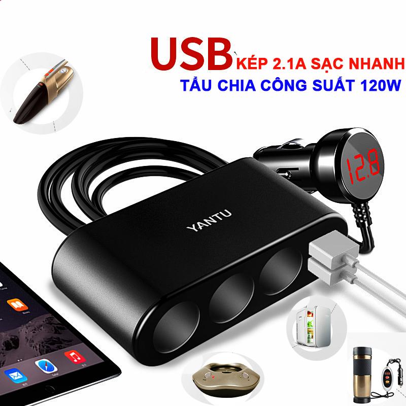 Bộ chia tẩu sạc ô tô, xe hơi cao cấp 3 tẩu - 2 cổng USB sạc nhanh YANTU - hiển thị điện áp có công tắc linh hoạt,dây dài 3M