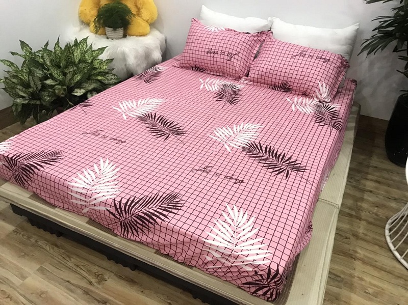 Bộ ga gối 3 món chất liệu cotton poly mẫu lá hồng