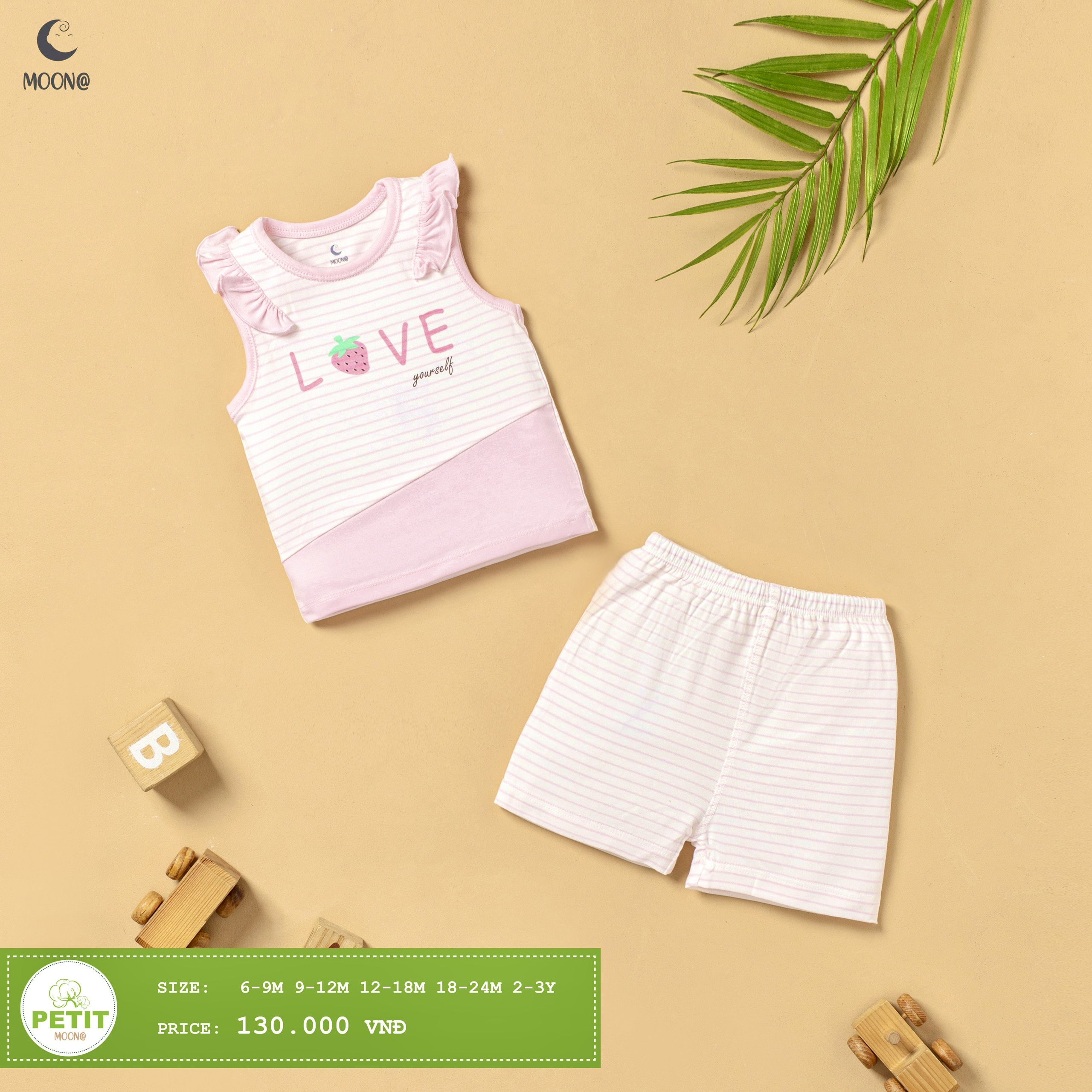 Bộ ba lỗ petit họa tiết kẻ trẻ em Moon