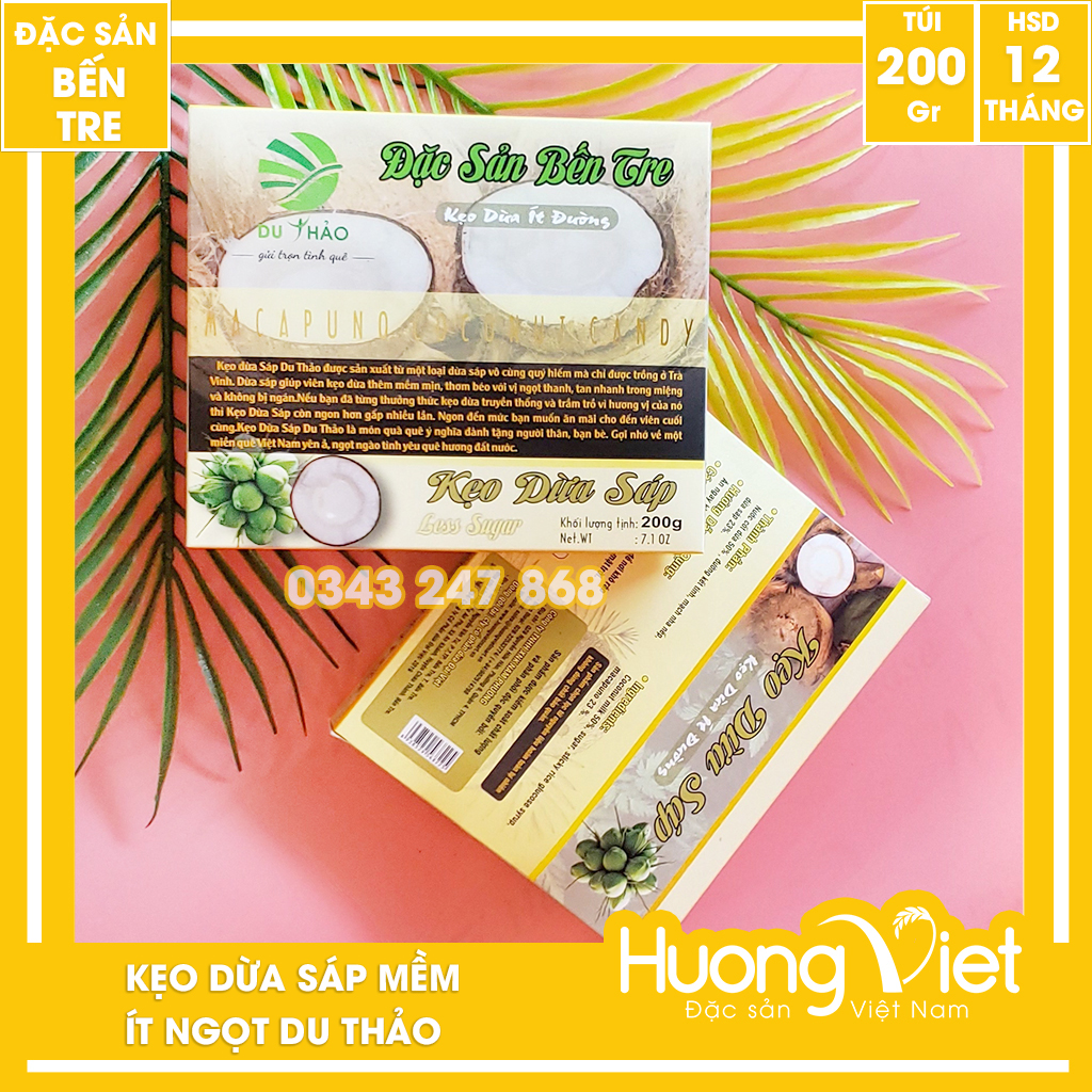 Kẹo dừa Sáp cao cấp Du Thảo 200gr, kẹo dừa Bến Tre ít ngọt vị sáp mềm dẻo