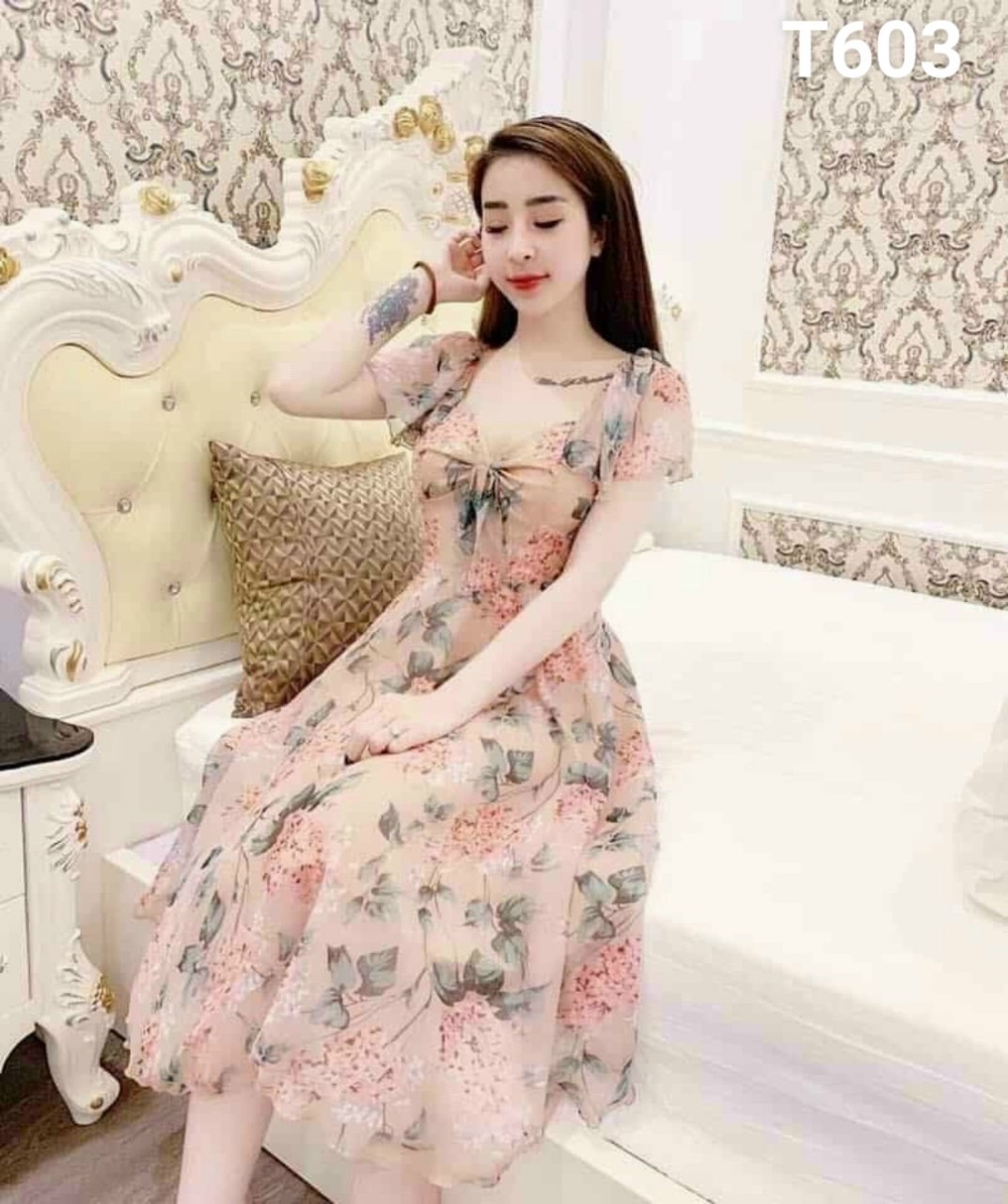 Đầm lụa hoa dáng xoè tay ngắn quá đẹp T603