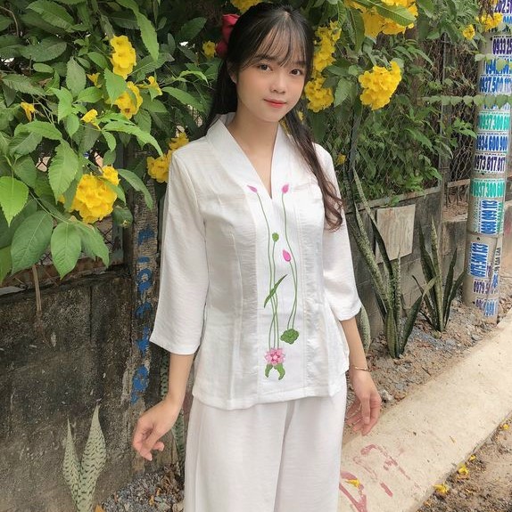 Quần Áo Phật Tử, Đồ Lam Phật Đi Chùa Nữ, đồ bộ mặc nhà Mẫu đũi thêu sen mã PN19A