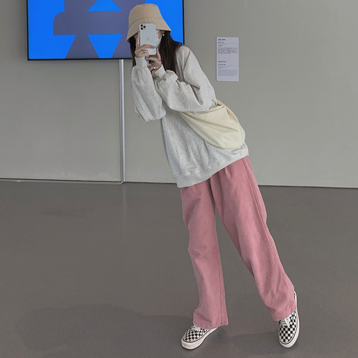 Quần nỉ Nhung tăm Ống Rộnglottes Ulzzang nữ - quần ống suông lưng cao phong cách hàn quốc chất nhung chất siêu ấm