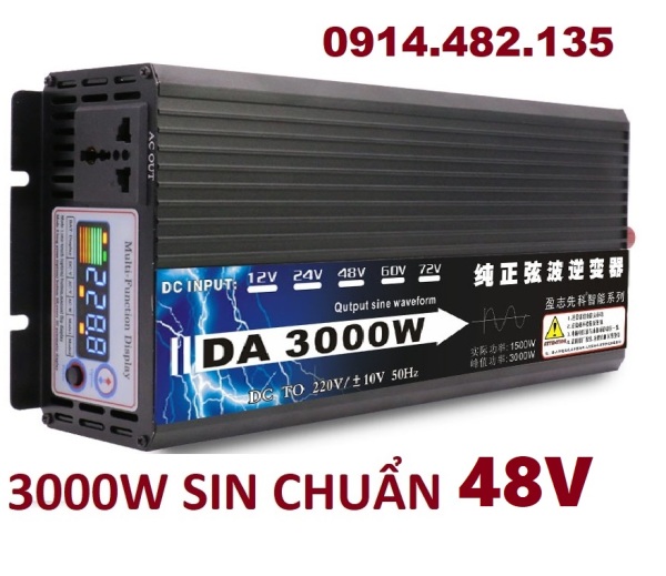Bộ chuyển đổi điện công suất 3000W DC 48V sang AC 220V sóng sin chuẩn với màn hình LCD MÀU
