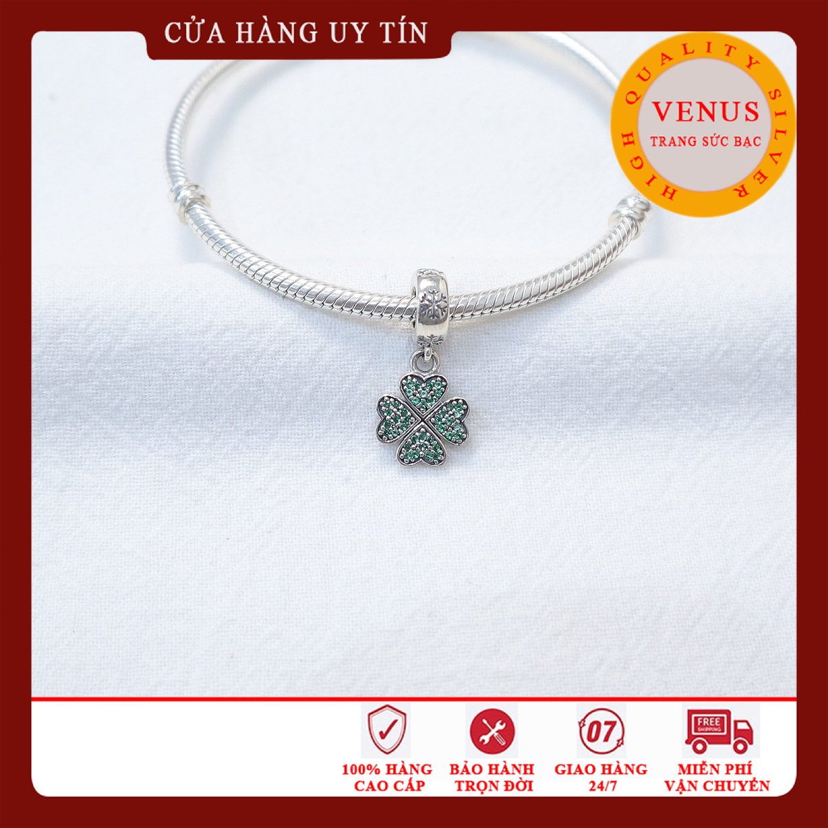Chạm bạc cao cấp-Treo cỏ 4 lá xanh lá
