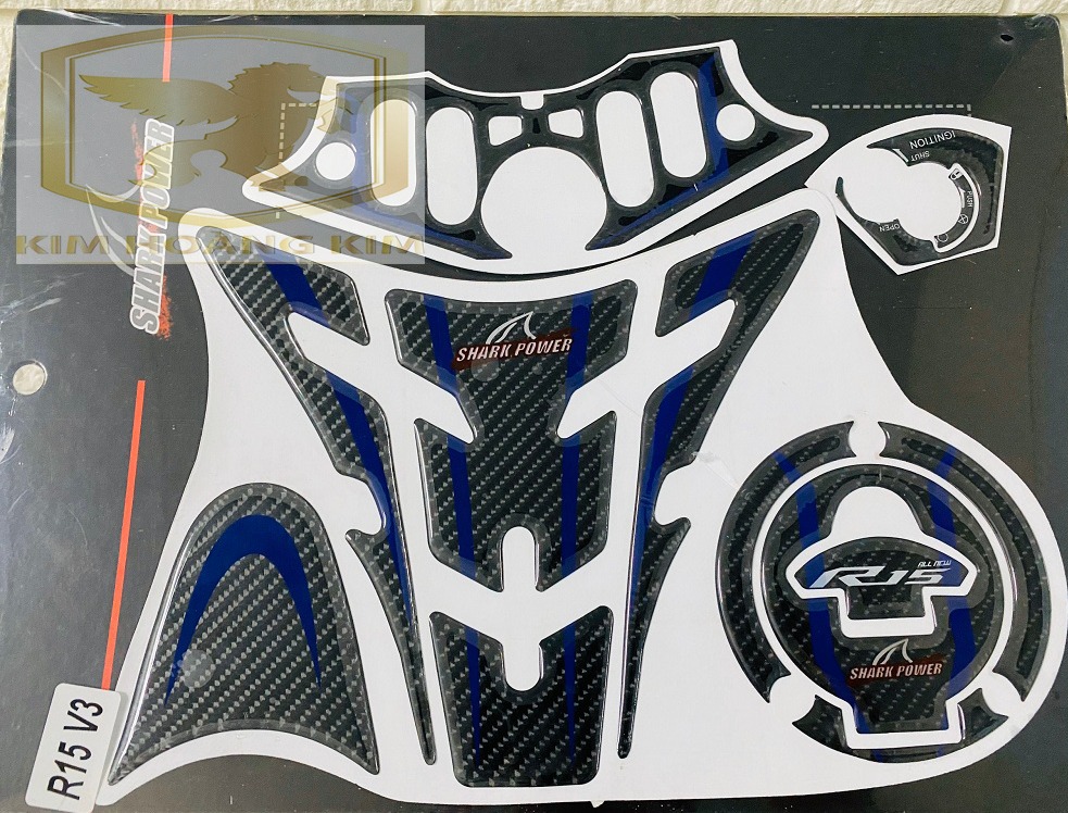 Tem Decal dán thùng xăng+ổ khóa+ghi đông xe moto R15 màu Xanh