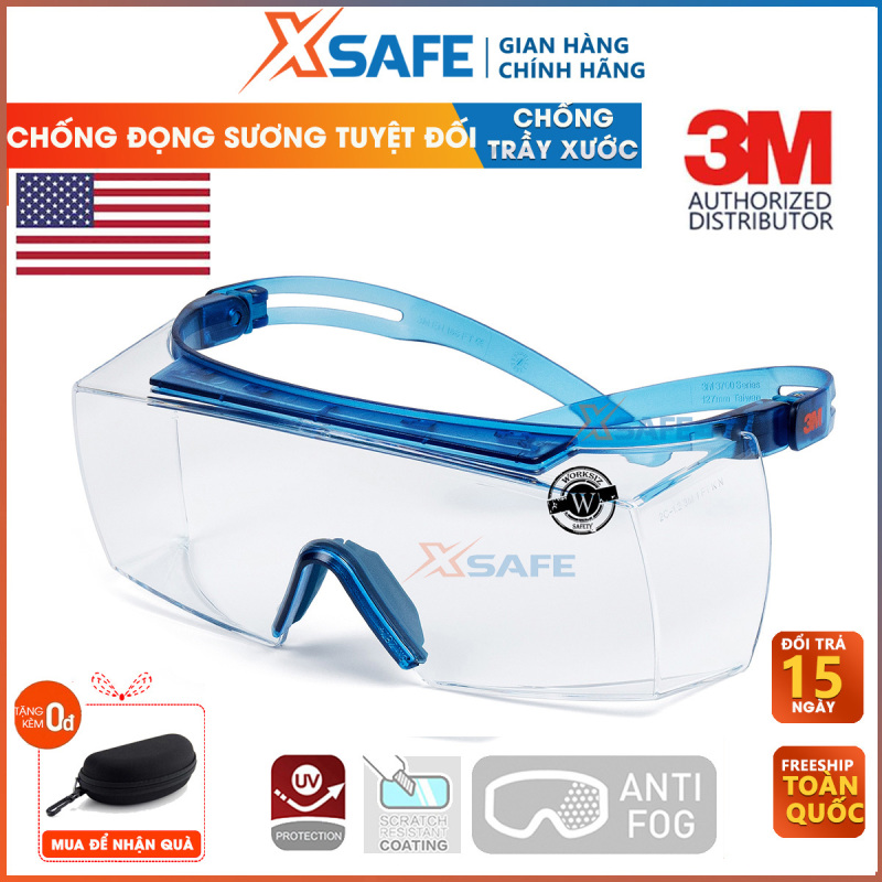 Giá bán Kính lao động- Kính bảo hộ 3M SF3701ASGAF-BLU kính Super OTG đeo ngoài kính cận, chống trượt, chống hơi nước, trầy xước vượt trội, ngăn chặn tia UV, dùng cho lao động, thể thao, đi xe máy, phòng dịch, sản phẩm chính hãng XSAFE